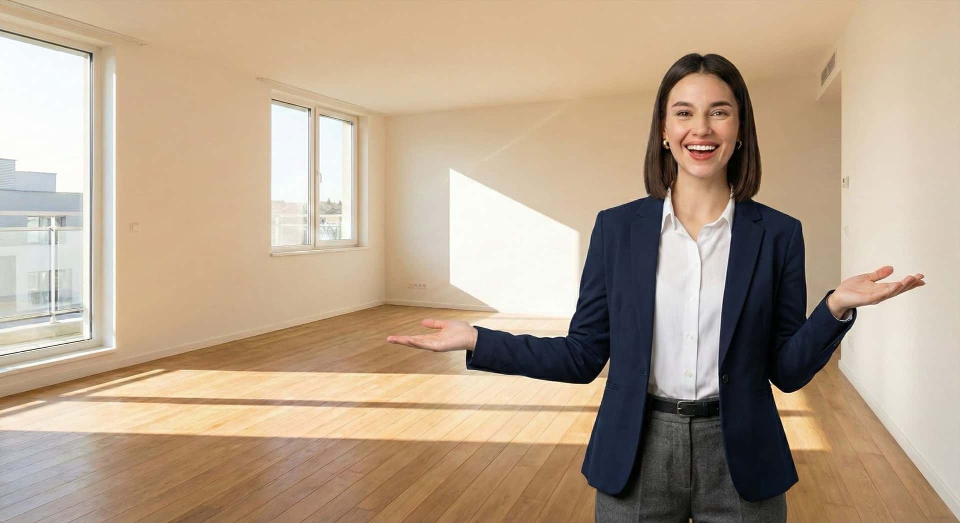 Smiling customer in a bright, freshly cleaned empty flat